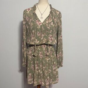 Kori Sage Green Floral Long Sleeve Tie-Waist Dress